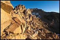 Rocky slopes and Mount Conness, sunrise. Yosemite National Park, California, USA.