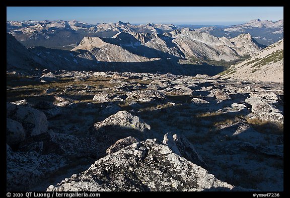 Domes and mountains from rocky plateau, Mount Conness. Yosemite National Park, California, USA.