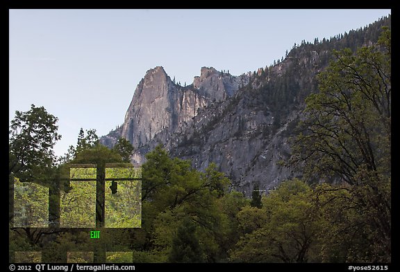 Sentinel Rock, Yosemite Valley visitor center window reflexion. Yosemite National Park, California, USA.