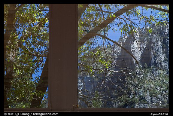 North Rim, Yosemite Valley visitor center window reflexion. Yosemite National Park (color)