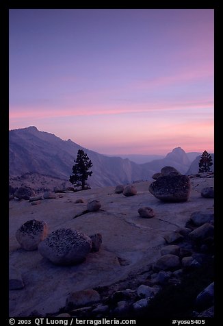 Glacial erratics, pine trees, Clouds rest and Half-Dome from Olmstedt Point, sunset. Yosemite National Park, California, USA.