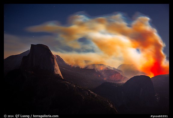 Half-Dome, fire and smoke at night. Yosemite National Park (color)