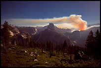 Half-Dome and plume of smoke from forest fire at night. Yosemite National Park ( color)