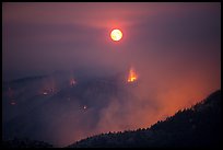 Forest fire and moon. Yosemite National Park, California, USA.