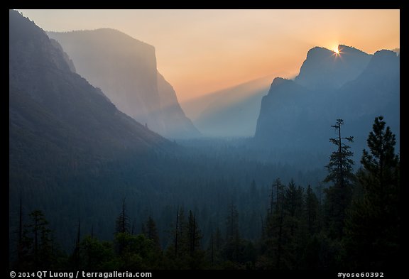 Discovery view with sun rising in notch. Yosemite National Park (color)