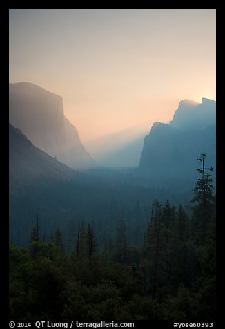 View of smoky Yosemite Valley at sunrise. Yosemite National Park (color)