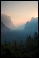 View of smoky Yosemite Valley at sunrise. Yosemite National Park ( color)