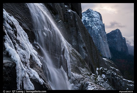 Seasonal waterfall and Cathedral Rocks in winter. Yosemite National Park (color)