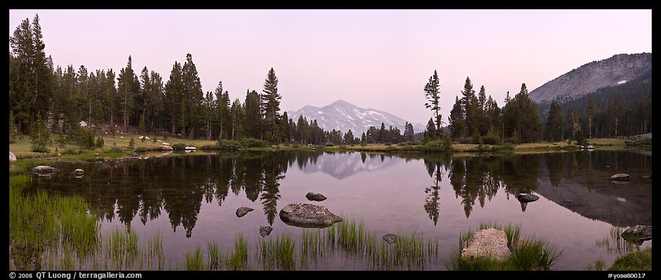 Tarn near Tioga Pass and Mammoth Peak at dusk. Yosemite National Park, California, USA.