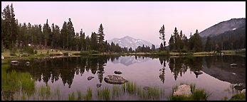 Tarn near Tioga Pass and Mammoth Peak at dusk. Yosemite National Park (Panoramic color)