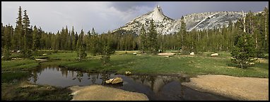 Stream and Cathedral Peak in storm light. Yosemite National Park (Panoramic color)