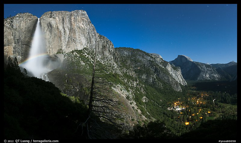 Upper Yosemite Fall with moonbow, Yosemite Village, and Half-Dome. Yosemite National Park (color)