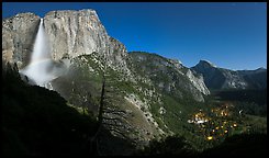 Upper Yosemite Fall with moonbow, Yosemite Village, and Half-Dome. Yosemite National Park, California, USA.