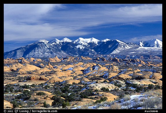 Petrified dunes, ancient dunes turned to slickrock, and La Sal mountains, winter afternoon. Arches National Park (color)