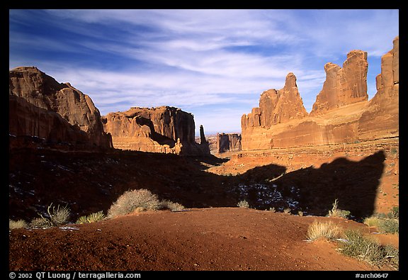 South park avenue, an open canyon flanked by sandstone skycrapers. Arches National Park, Utah, USA.