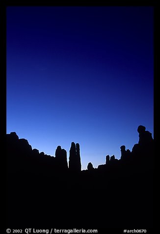 Sandstone pillars in Klondike Bluffs, dusk. Arches National Park, Utah, USA.