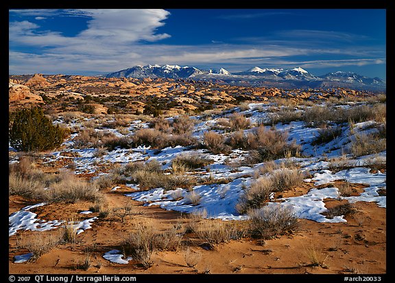 Petrified dunes, ancient dunes turned to slickrock, and La Sal mountains, winter afternoon. Arches National Park, Utah, USA.