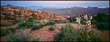Fiery Furnace sandstone fins and mountains at dusk. Arches National Park (Panoramic color)