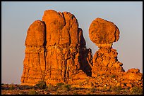 Balanced rock and sandstone tower. Arches National Park, Utah, USA. (color)