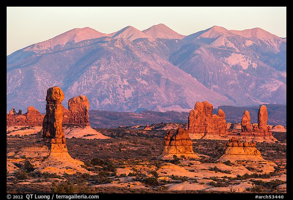 Sandstone pillars and La Sal Mountains. Arches National Park (color)