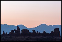 Turret Arch, spires, and mountains at dawn. Arches National Park ( color)