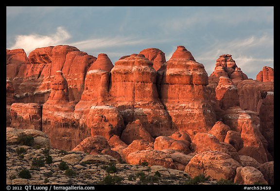 Last light of Fiery Furnace. Arches National Park, Utah, USA.