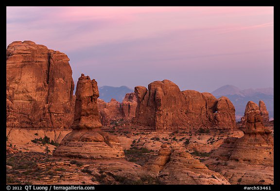 Entrada Sandstone towers seen from Garden of Eden at sunset. Arches National Park (color)