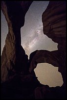 Milky Way appearing above Double Arch. Arches National Park, Utah, USA.