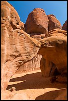 Sand floor, Sand Dune Arch, and towers. Arches National Park, Utah, USA. (color)