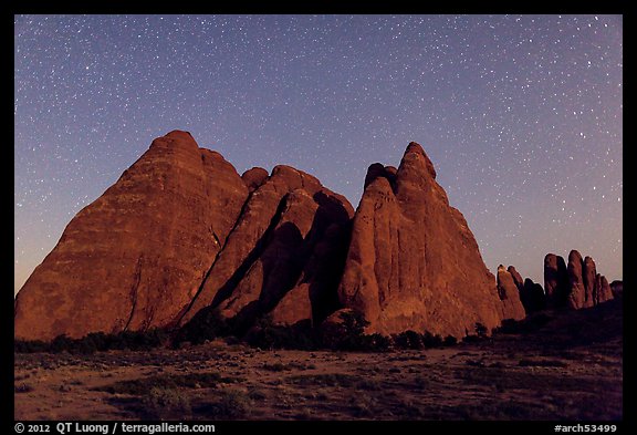 Fins at night with Milky Way. Arches National Park, Utah, USA.