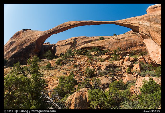 Landscape Arch with fallen rocks. Arches National Park, Utah, USA.