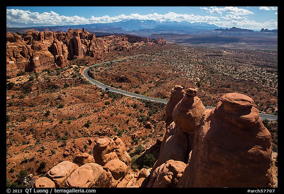 Scenic road seen from top of fin. Arches National Park, Utah, USA.