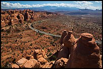 Scenic road seen from top of fin. Arches National Park, Utah, USA.