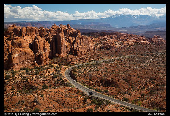 Scenic road and Fiery Furnace fins. Arches National Park, Utah, USA.