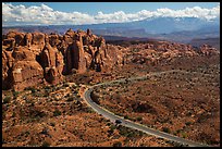 Scenic road and Fiery Furnace fins. Arches National Park, Utah, USA.