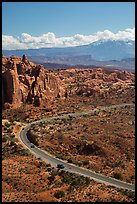 Scenic road, Fiery Furnace, and La Sal mountains. Arches National Park, Utah, USA.