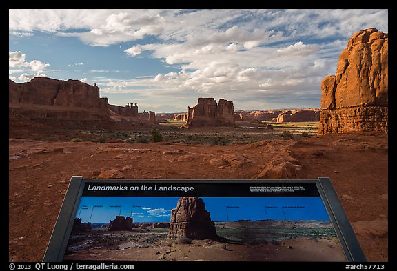 Intepretative sign, Courthouse towers. Arches National Park, Utah, USA.