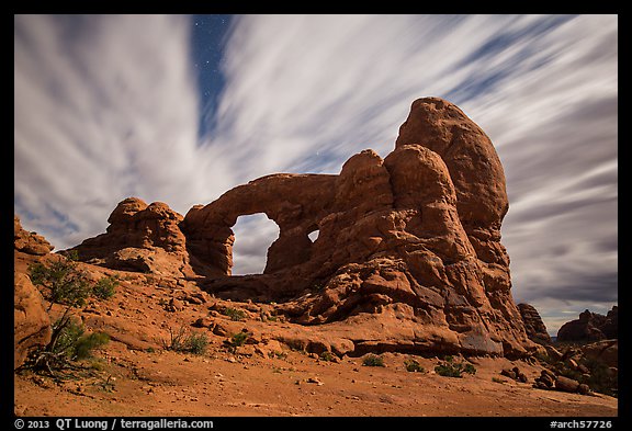 Turret Arch at night, lit by moon. Arches National Park (color)