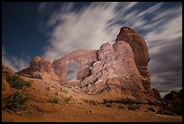 Turret Arch at night, lit by light. Arches National Park, Utah, USA. (color)