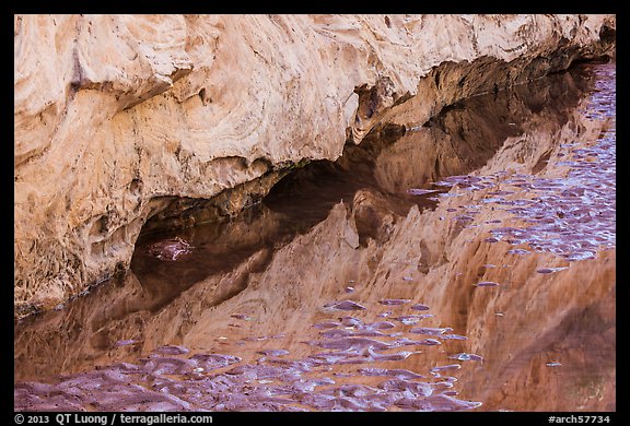 Reflections and sand in stream, Courthouse Wash. Arches National Park, Utah, USA.