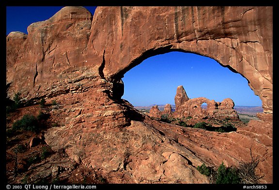 Turret Arch seen through South Window, early morning. Arches National Park, Utah, USA.