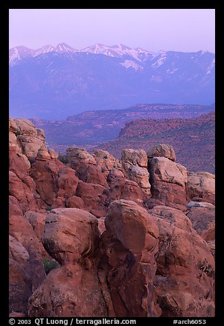 Fiery Furnace and La Sal Mountains at sunset. Arches National Park, Utah, USA.