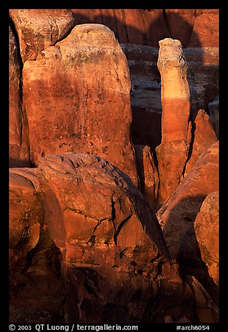 Fiery Furnace rock formations at sunset. Arches National Park, Utah, USA.