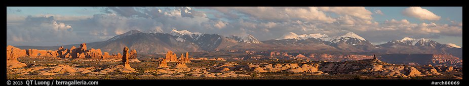 Windows, fins, and La Sal Mountains. Arches National Park (color)