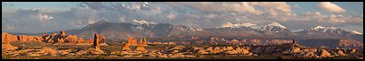 Windows, fins, and La Sal Mountains. Arches National Park, Utah, USA. (color)