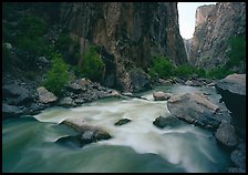 Gunisson River flowing beneath steep canyon walls. Black Canyon of the Gunnison National Park, Colorado, USA.