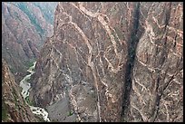 Stripes of pink and white crystalline pegmatite on rock wall. Black Canyon of the Gunnison National Park, Colorado, USA.