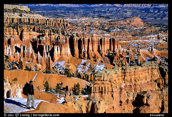 Hiker with panoramic view on Navajo Trail. Bryce Canyon National Park, Utah, USA.