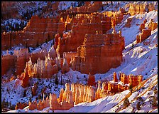 Rock spires and snow seen from Sunrise Point in winter, early morning. Bryce Canyon National Park, Utah, USA.