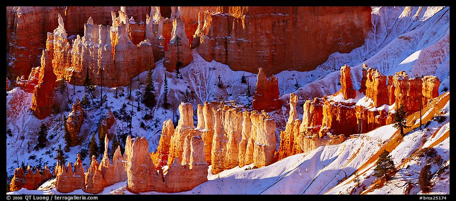 Hoodoos and snowy slopes, early morning. Bryce Canyon National Park, Utah, USA.